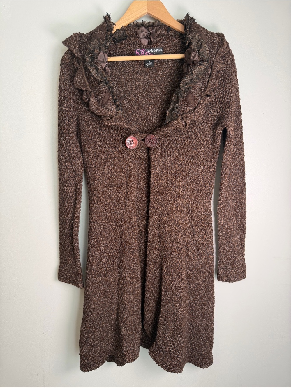 Vintage Y2K Peck & Peck Ruffle Flower Collar Long Knit Cardigan Duster, Small